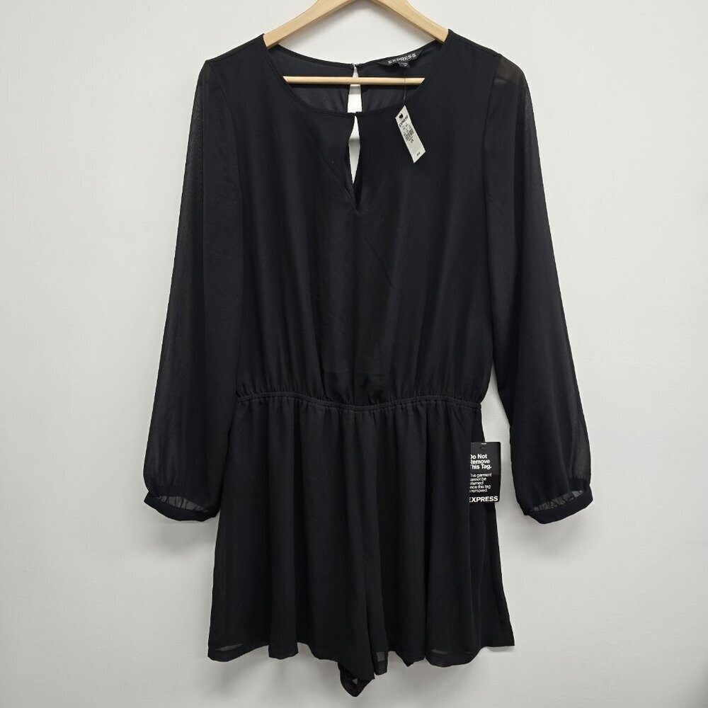 NWT Express Shorts Romper Size L Open Back Keyhole Lined Sheer Sleeve Black Goth